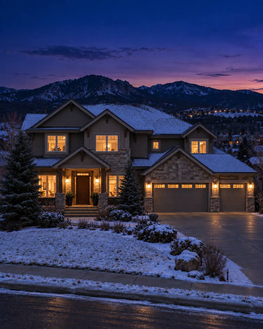 A two-story home at dusk with no holiday lights