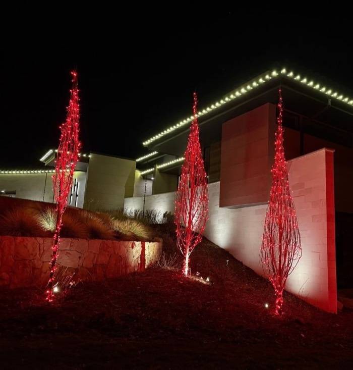 Modern home with white roofline and red wrapped columnar trees
